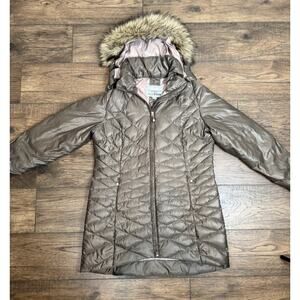 Eddie Bauer Women’s Sun Valley Down Parka Winter Coat Sz L Brown Hooded Fur